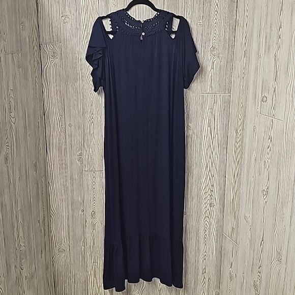 Suzanne Betro Crochet Neck Cold Shoulder Navy Maxi Dress Womens Plus Size 2X NEW - Picture 4 of 13